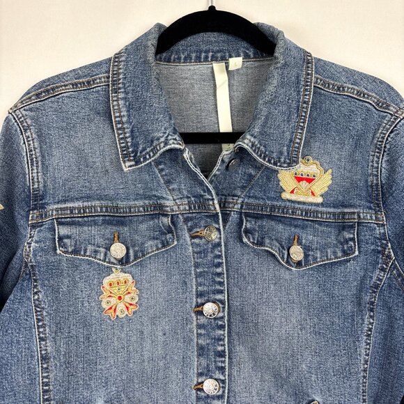 Debra deRoo Embellished Denim‎ Jacket Women’s Large Patch Detail Crown Crest VTG - Picture 3 of 16